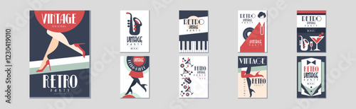 Retro Vintage Party Invitation Card or Poster Vector Set