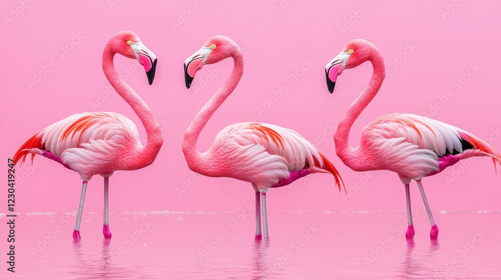 Obraz premium Three pink flamingos standing in pink water against pink background