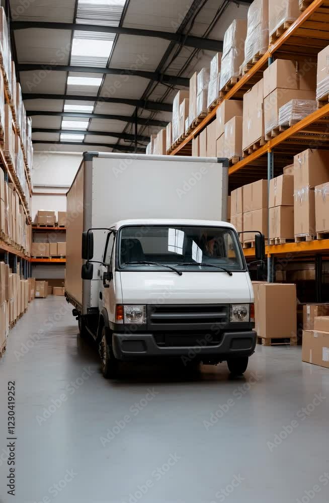 A white truck is parked in a large warehouse. The truck is surrounded by boxes and pallets, and it is the only vehicle in the area. The warehouse is empty, and the truck is the only thing visible A white truck is parked in a large warehouse. The truck is surrounded by boxes and pallets, and it is the only vehicle in the area. The warehouse is empty, and the truck is the only thing visible