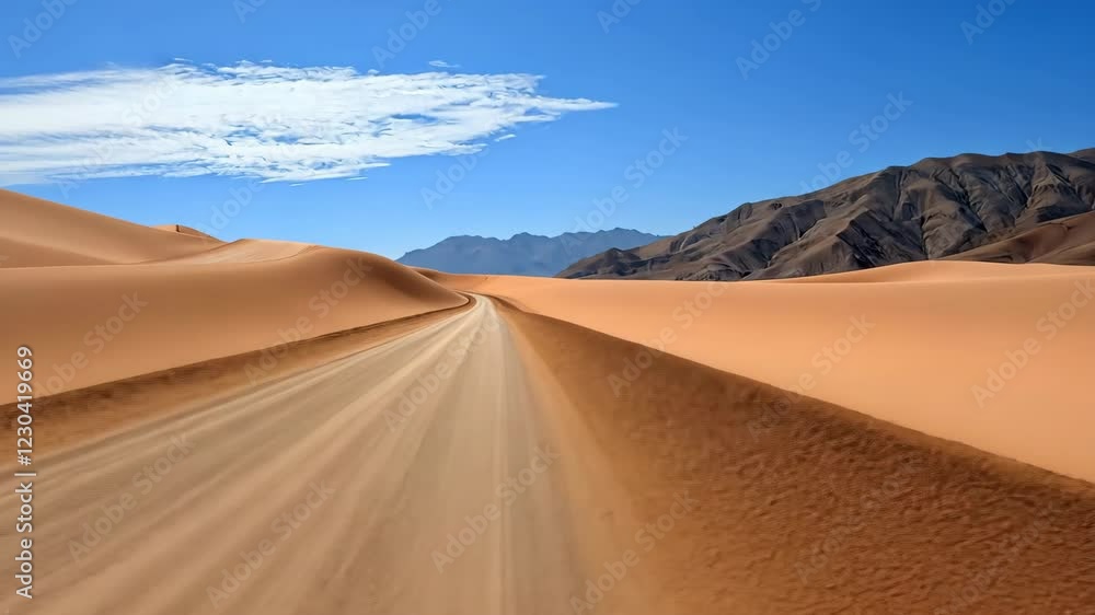 A desert road with a blue sky in the background. The road is empty and the sky is clear A desert road with a blue sky in the background. The road is empty and the sky is clear