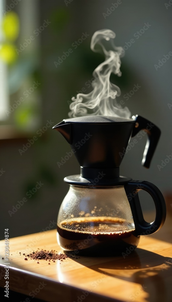 Coffee maker on table with steam rising from coffee grounds, morning, brewing