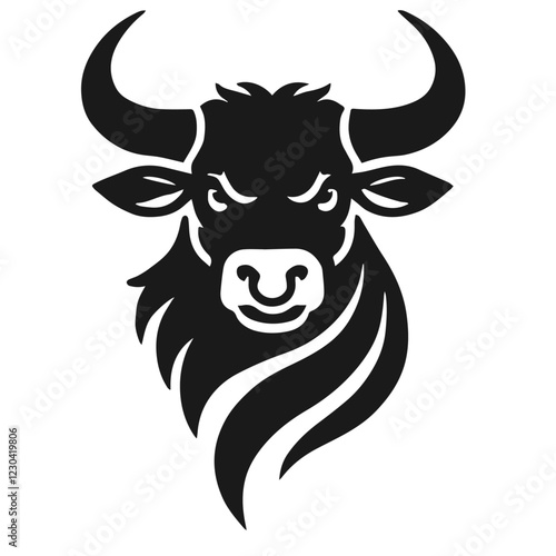Clean black and white vector silhouette of bull on white background