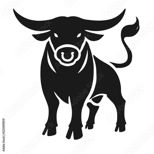 Clean black and white vector silhouette of bull on white background