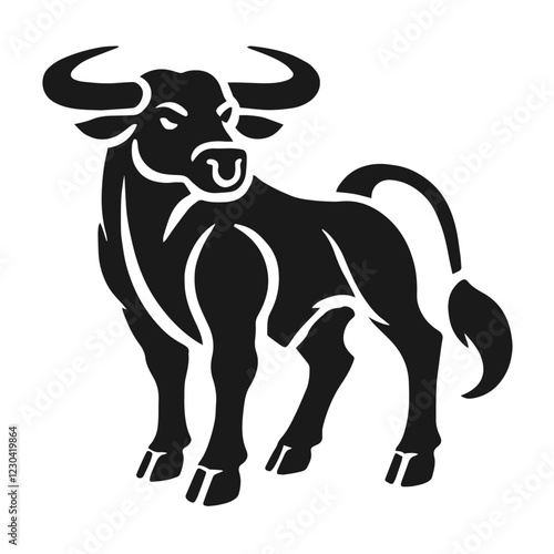 Clean black and white vector silhouette of bull on white background