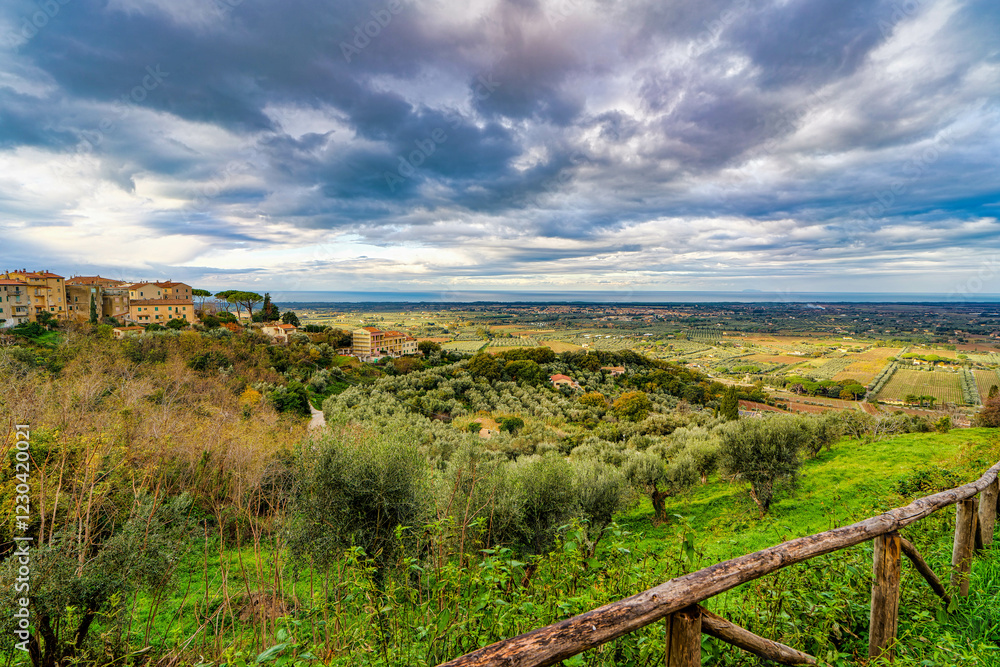 Panorama from the main square of the village overlooking the Tuscan countryside in Castagneto Carducci Tuscany Italy Panorama from the main square of the village overlooking the Tuscan countryside in Castagneto Carducci Tuscany Italy