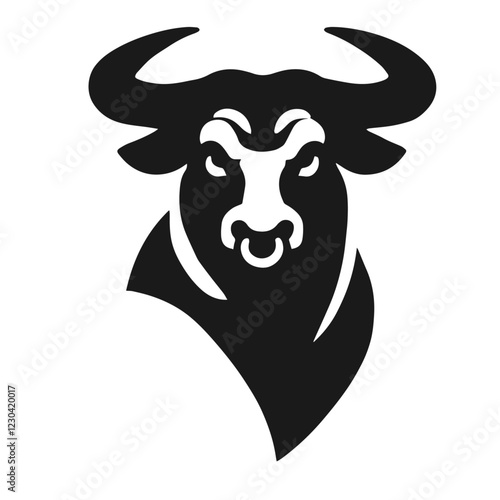 Clean black and white vector silhouette of bull on white background