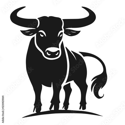 Clean black and white vector silhouette of bull on white background