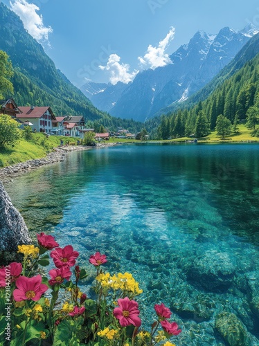 Fototapeta Naklejka Na Ścianę i Meble -  Alpine lake village scenic view, flowers foreground, postcard