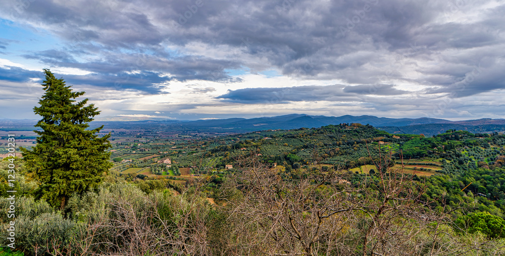 Panorama from the main square of the village overlooking the Tuscan countryside in Castagneto Carducci Tuscany Italy Panorama from the main square of the village overlooking the Tuscan countryside in Castagneto Carducci Tuscany Italy