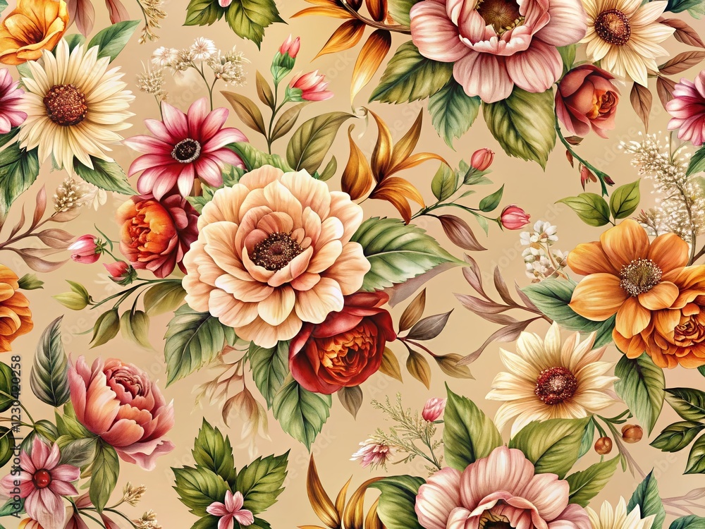 Sepia Floral Pattern Set: Beige Background Fabric Textile Print Design Sepia Floral Pattern Set: Beige Background Fabric Textile Print Design