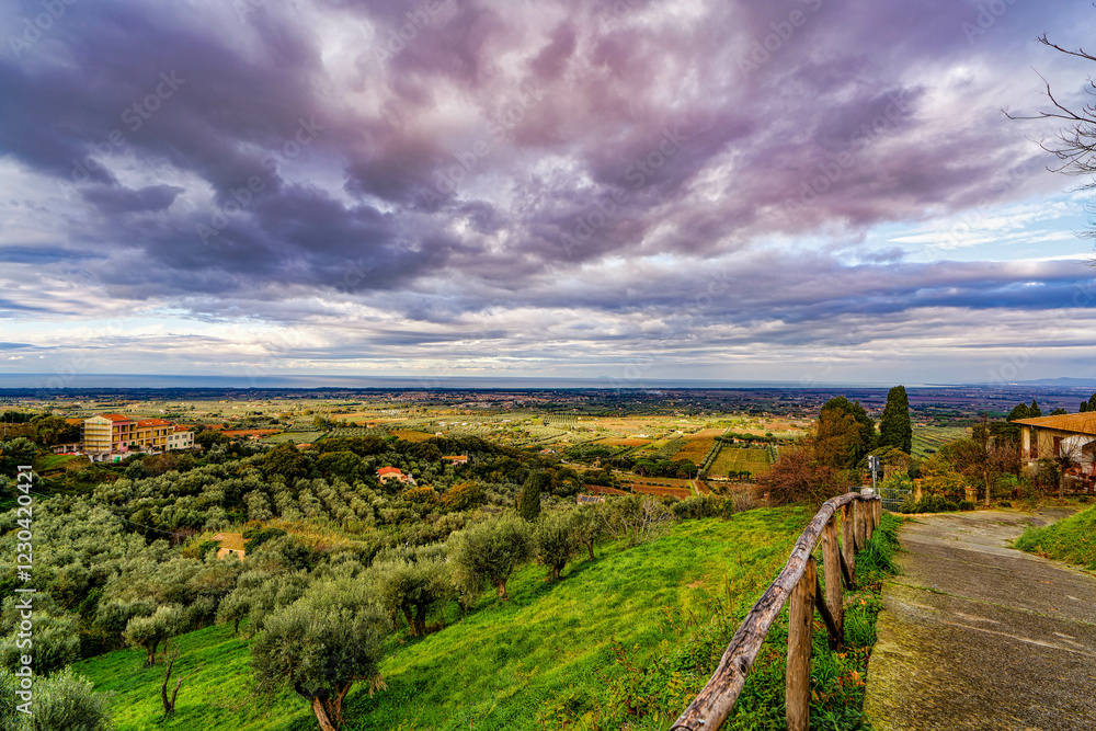 Naklejka premium Panorama from the main square of the village overlooking the Tuscan countryside in Castagneto Carducci Tuscany Italy