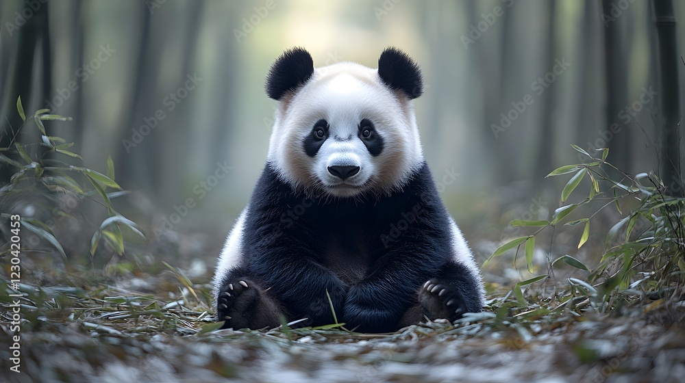 Fototapeta premium Adorable giant panda sitting in bamboo forest.