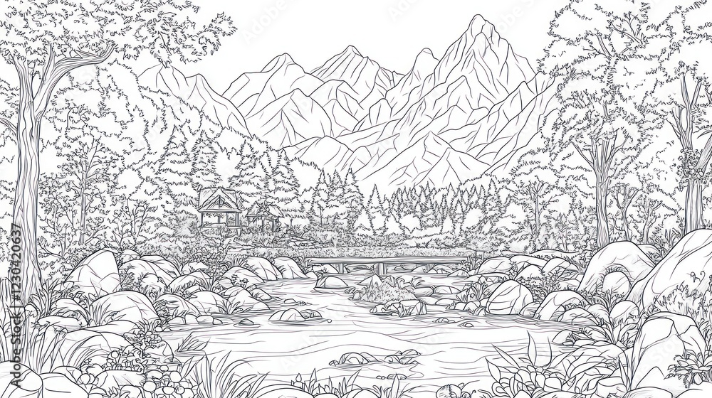 Fototapeta premium Mountain river scene, bridge, forest, coloring book page