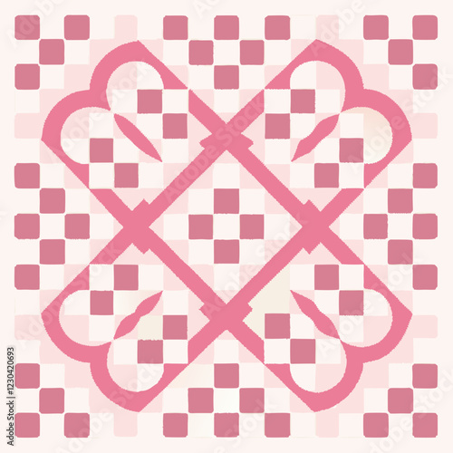 Pink and White Geometric Tile Pattern: A repeating geometric pattern in shades of pink and white, featuring a checkered background and a central design with symmetrical curves and intersecting lines.