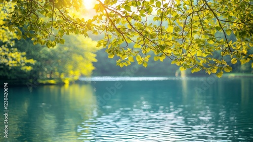 Beautiful nature scenery with leaves hanging over the water at sunset photo