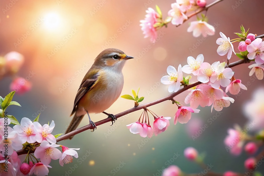Serene Bird on Blossom Branch: Soft Morning Light, Spring Flowers, Peaceful Nature Serene Bird on Blossom Branch: Soft Morning Light, Spring Flowers, Peaceful Nature