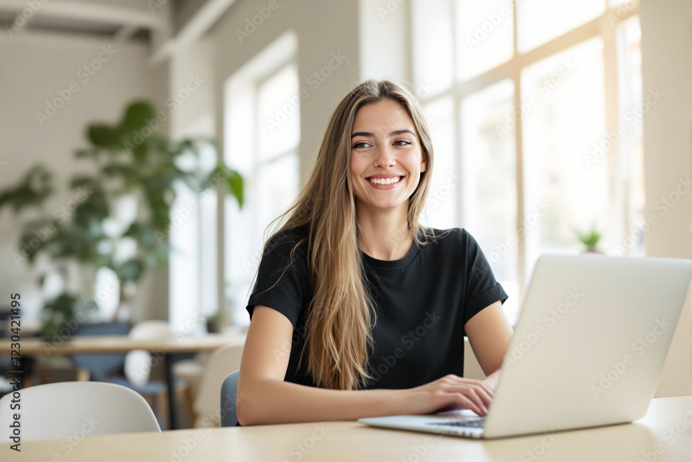 Woman smiling while working on a laptop in a modern office setting. Woman smiling while working on a laptop in a modern office setting.