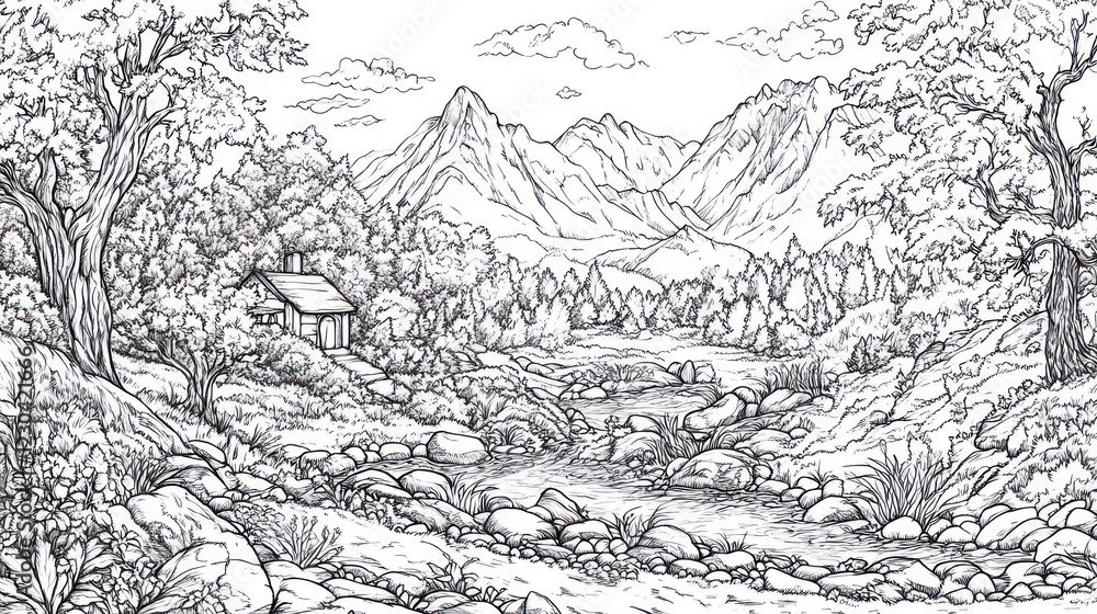Mountain cabin river scene, coloring book page Mountain cabin river scene, coloring book page