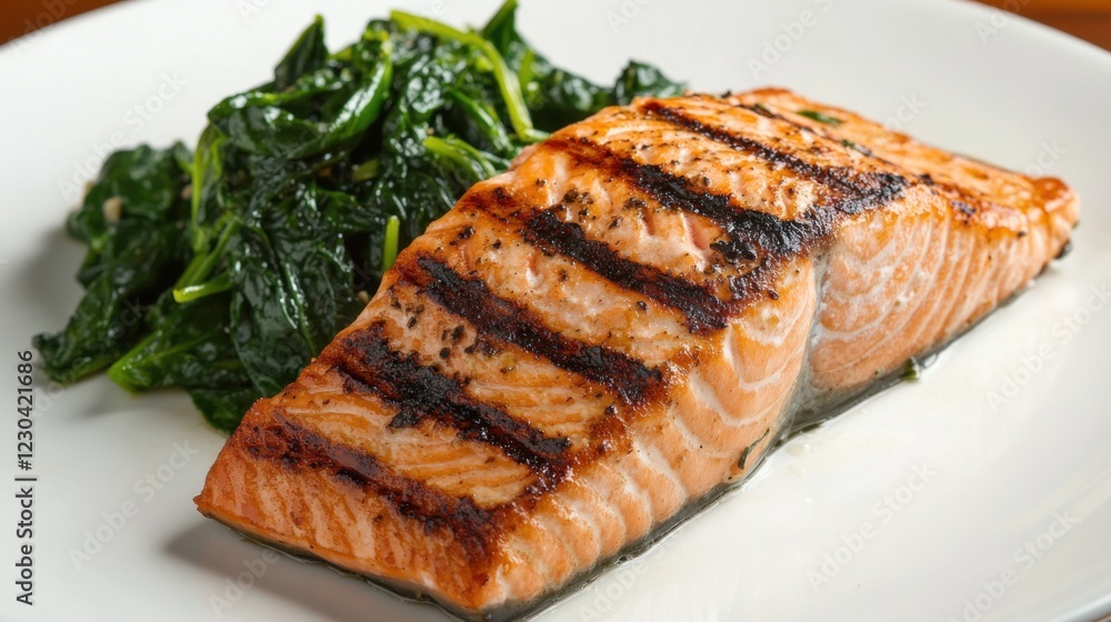 A perfectly grilled salmon fillet with a crispy skin, served with a side of sautéed spinach, Centered on a plain white plate A perfectly grilled salmon fillet with a crispy skin, served with a side of sautéed spinach, Centered on a plain white plate
