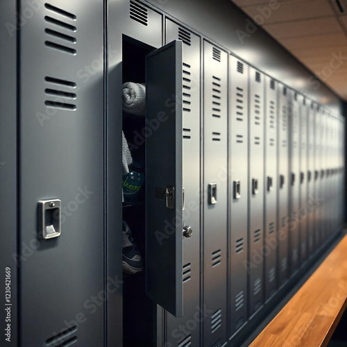 A high-quality image of a modern gym locker room featuring a row of sleek, matte-finished gray metal lockers. The lockers have clean lines, ventilation slots, and combination locks. A slightly ajar lo
