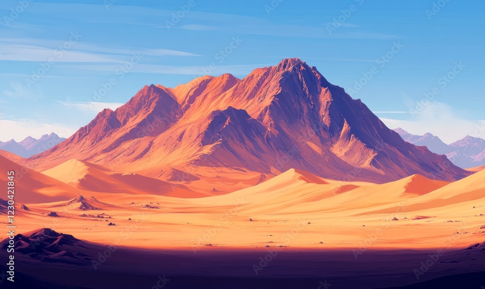 Fototapeta premium Majestic sunset over a vast desert landscape, featuring a prominent mountain range.