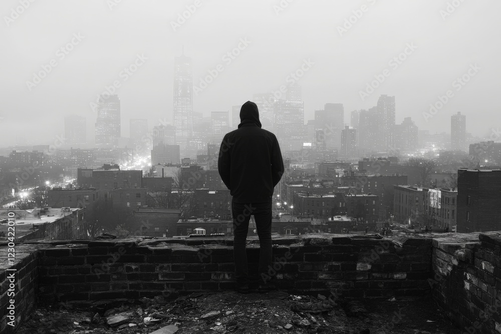View over a foggy urban landscape with a silhouette standing on a rooftop edge at dusk View over a foggy urban landscape with a silhouette standing on a rooftop edge at dusk