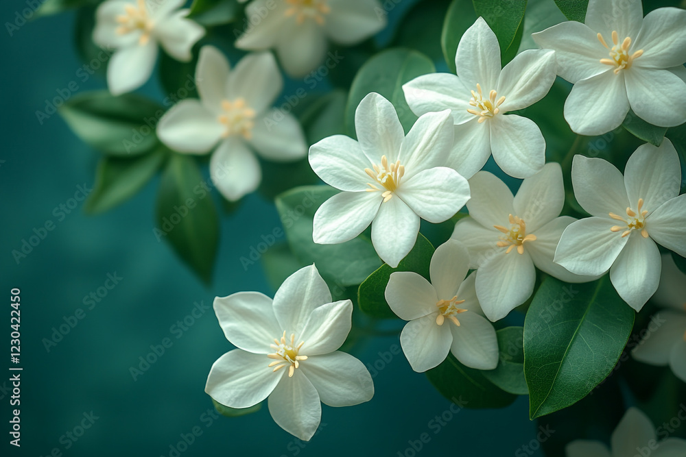 Delicate white blossoms cluster on verdant foliage Delicate white blossoms cluster on verdant foliage