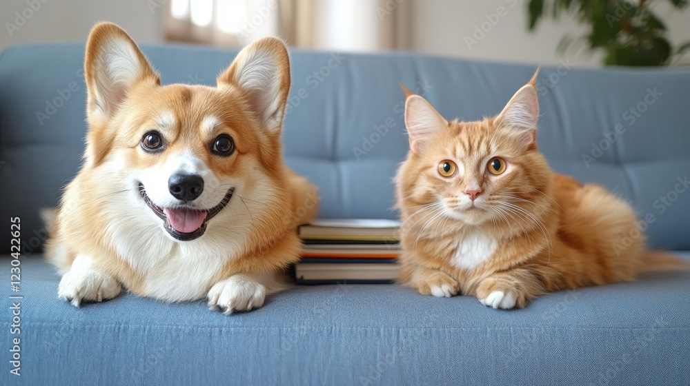 Adorable corgi and fluffy cat lounging on cozy sofa with books Adorable corgi and fluffy cat lounging on cozy sofa with books