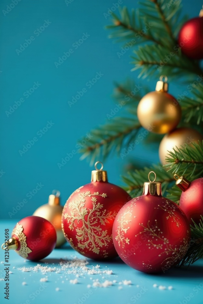 Isolated golden and red Christmas balls against a soothing blue backdrop, decorations, winter, blue Isolated golden and red Christmas balls against a soothing blue backdrop, decorations, winter, blue