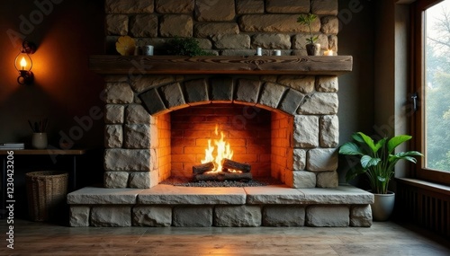 Large stone fireplace with fire burning brightly, , stone, large fire