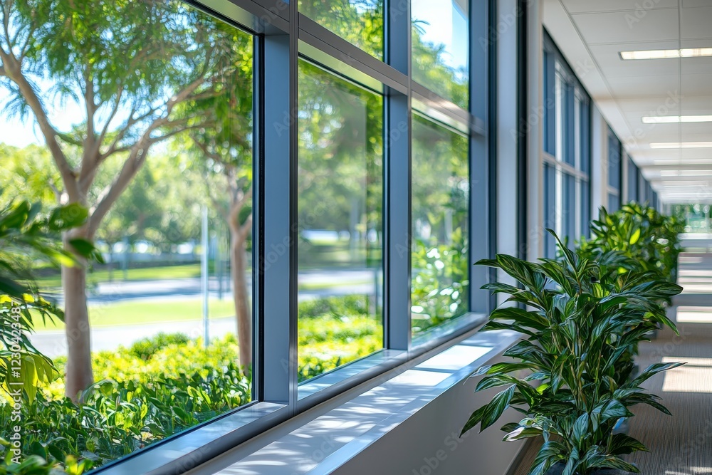 Bright and airy office hallway with large windows and lush indoor plants during daylight Bright and airy office hallway with large windows and lush indoor plants during daylight