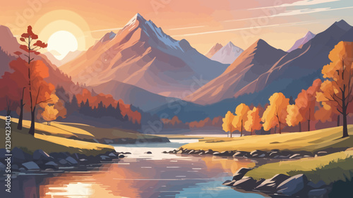 A vector graphic depicting a warmly colored mountain landscape at sunrise, with a serene river flowing beneath a shining sun, blending natural beauty with a calming ambiance.