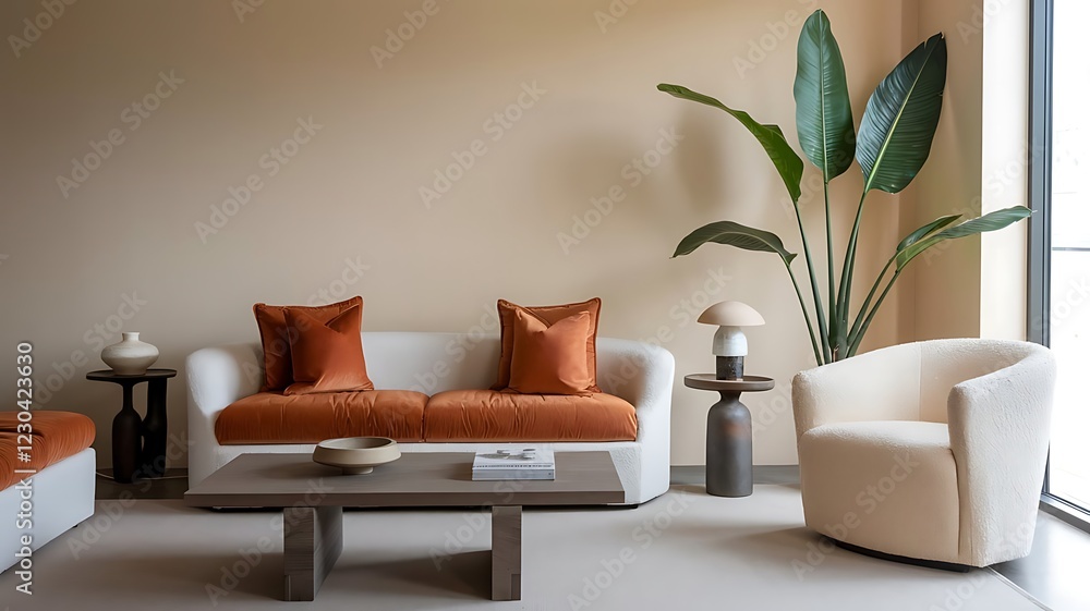 Minimalist interior design of the modern living room with orange velvet chairs, boucle armchairs, and neutral tones in a chic and cozy setting. Minimalist interior design of the modern living room with orange velvet chairs, boucle armchairs, and neutral tones in a chic and cozy setting.