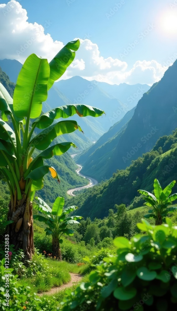 Obraz premium Majestic banana plants in mountainous terrain amidst lush green surroundings, scenery, nature, plants
