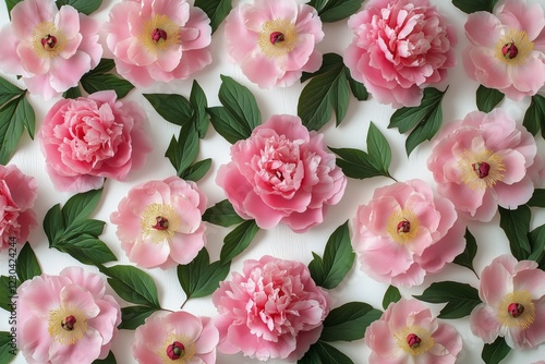 Pink peonies and lush green leaves arranged on a light background for a flora...