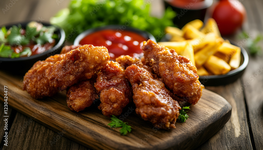 Delicious fried beef meat served on wooden table Delicious fried beef meat served on wooden table