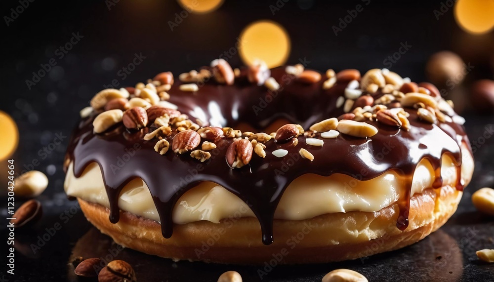 Chocolate glazed donuts topped with a variety of nuts is showcased on a rustic wooden table. The warm lighting enhances the delicious details and textures of the treats. Generative AI Chocolate glazed donuts topped with a variety of nuts is showcased on a rustic wooden table. The warm lighting enhances the delicious details and textures of the treats. Generative AI