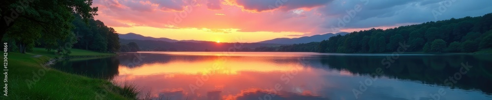 Fototapeta premium Serene lake surface at dusk amidst lush green surroundings and sky, trees, calm, sunset