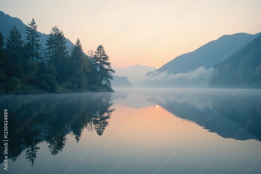 Serene lake surface reflected in misty morning, dawn, calm, mist Serene lake surface reflected in misty morning, dawn, calm, mist