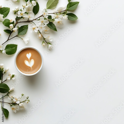 Coffee with heart-shaped foam surrounded by delicate flowers on a minimalisti...