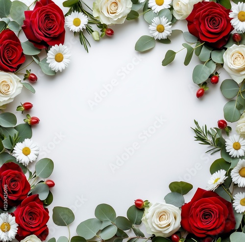 Floral arrangement with red roses and white flowers on a blank background for...