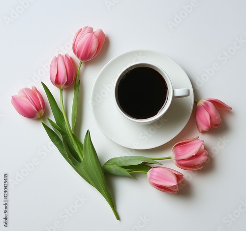 Refreshing coffee and pink tulips create a vibrant spring arrangement on a wh...