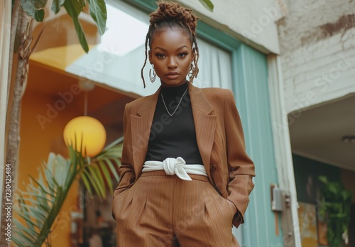 Stylish woman poses confidently in urban setting wearing a chic brown suit du...
