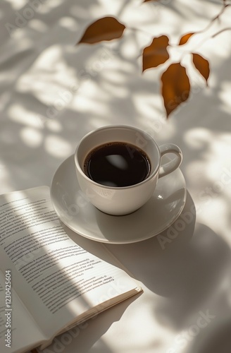 Cozy coffee moment with a book and soft shadows in a relaxing setting