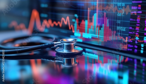 Healthcare Business: Stethoscope And Laptop Computer With Medical Financial Graph Growth Chart, Data Analysis, Health Business Finance, And Investment. photo