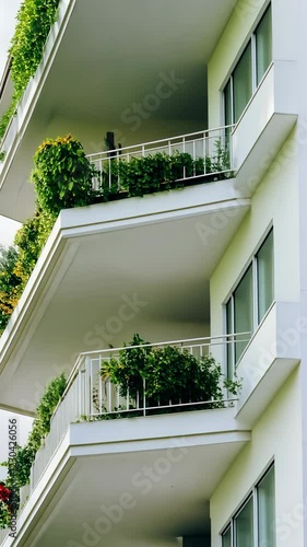 Modern apartment building with green balconies showcasing lush plants and vibrant colors in a sunny urban setting
