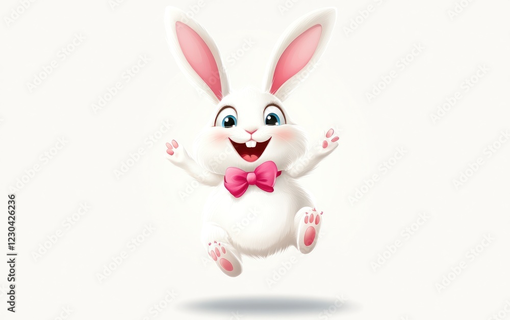 Obraz premium Happy Easter bunny leaping; white background, spring celebration (1)