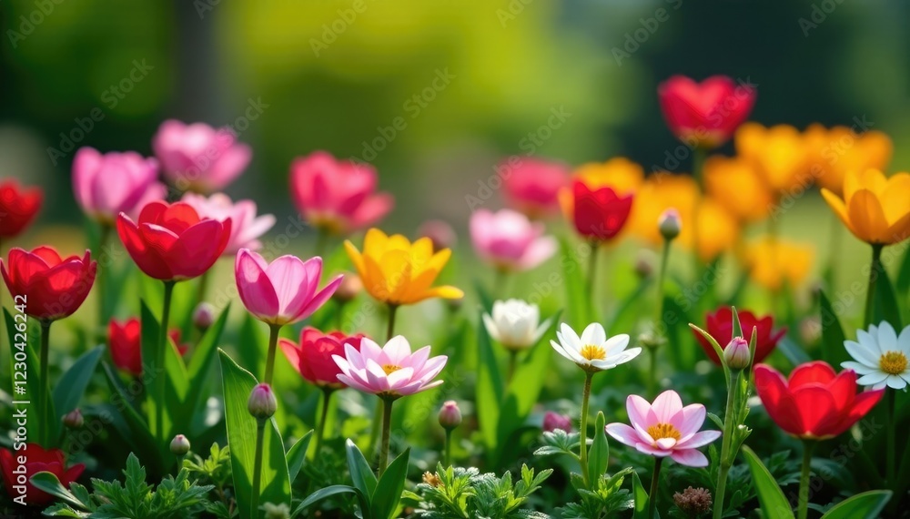Obraz premium Spring garden with blooming flowers and greenery, flowers, ranunculus