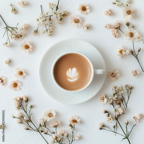 Beautiful coffee cup surrounded by delicate flowers on a white background