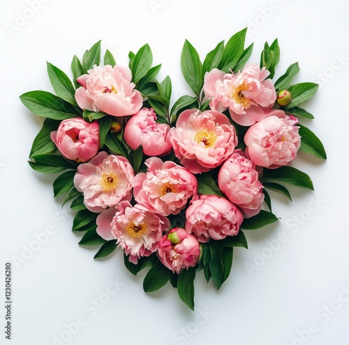 Heart-shaped arrangement of pink peonies with green leaves on a white background
